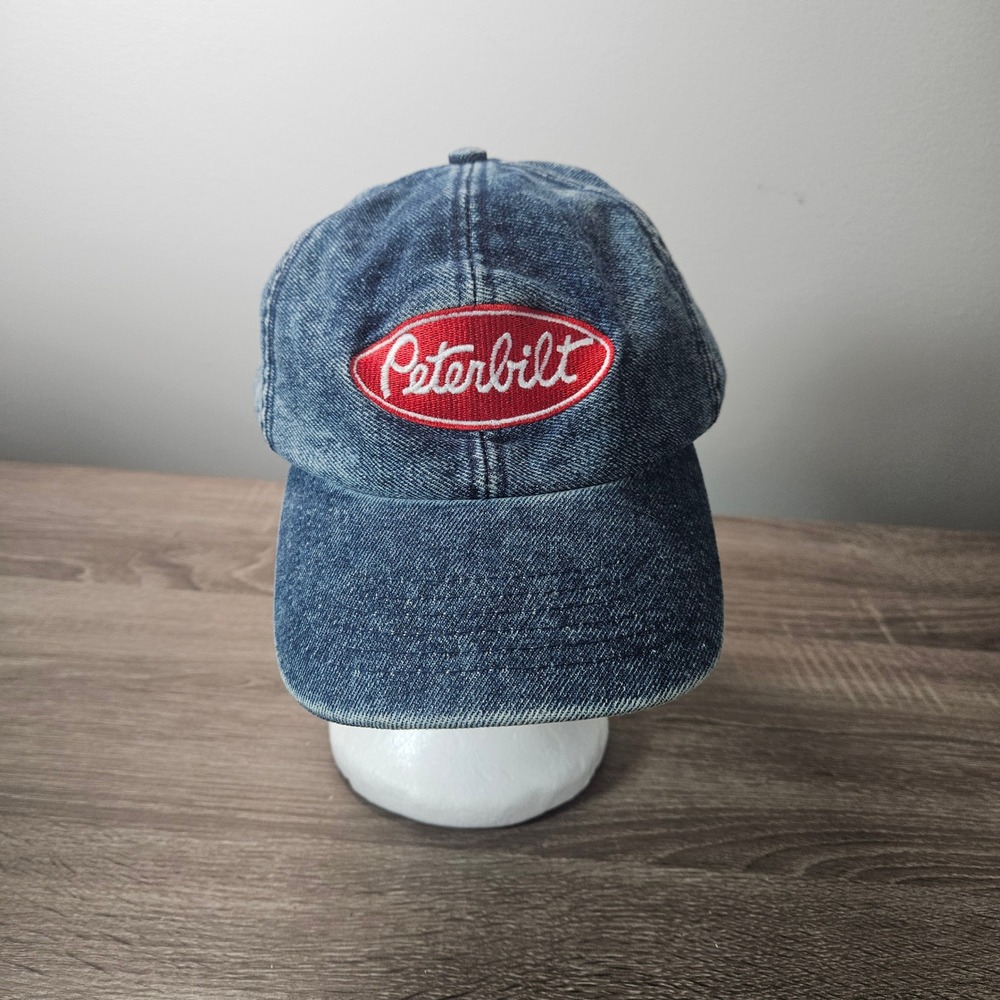 VINTAGE Peterbilt Trucks Red Sewn Patch Denim USA Made Snapback Hat Trucker Cap